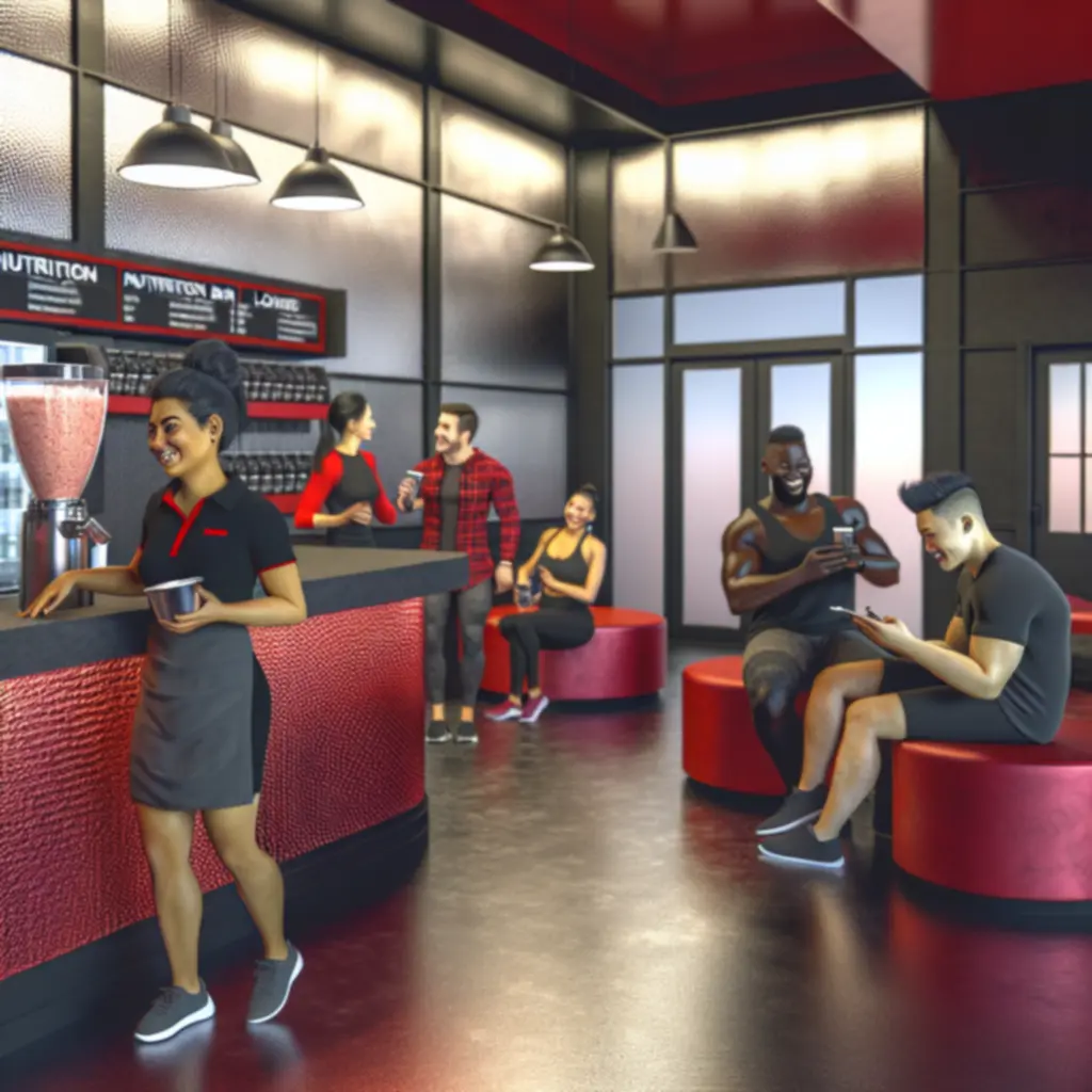 Táplálkozási bár és lounge zóna fehérjeturmixokkal és egészséges snackekkel a PowerGym-ben.