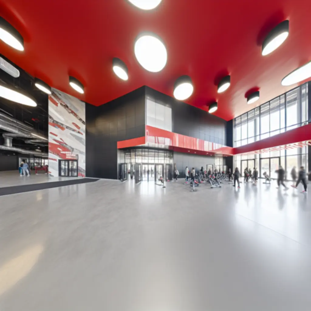 PowerGym modern edzőtér elölnézete, dinamikus fényekkel és csúcsminőségű gépekkel.