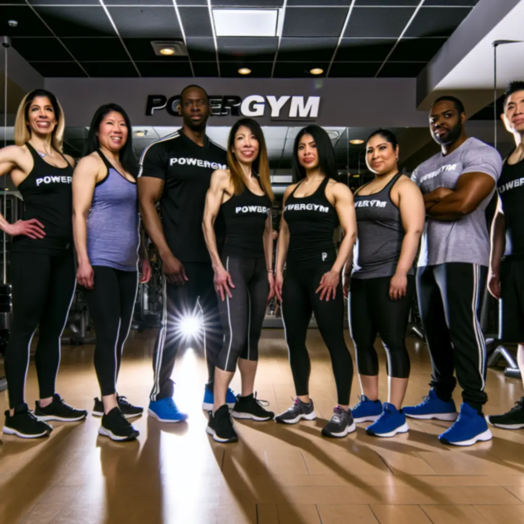 PowerGym edzői csapat, mosolygós, professzionális trénerek a teremben.
